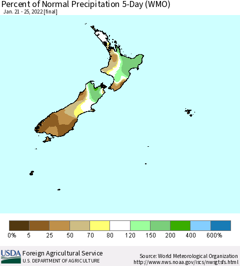 New Zealand Percent of Normal Precipitation 5-Day (WMO) Thematic Map For 1/21/2022 - 1/25/2022