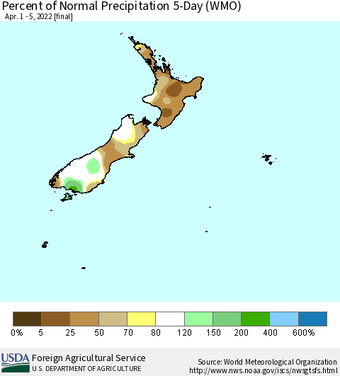 New Zealand Percent of Normal Precipitation 5-Day (WMO) Thematic Map For 4/1/2022 - 4/5/2022