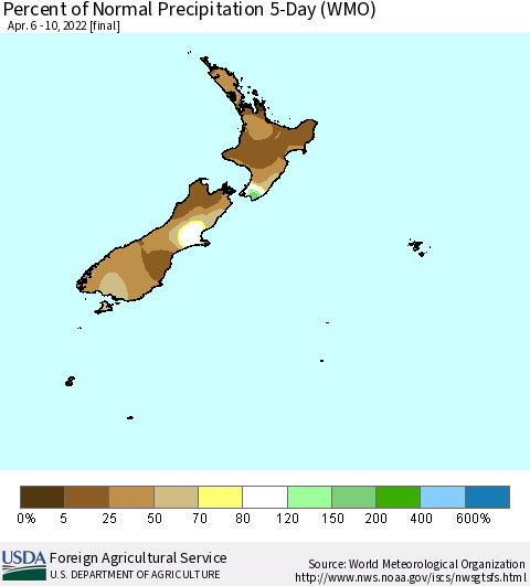 New Zealand Percent of Normal Precipitation 5-Day (WMO) Thematic Map For 4/6/2022 - 4/10/2022