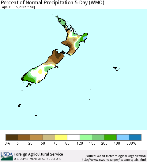 New Zealand Percent of Normal Precipitation 5-Day (WMO) Thematic Map For 4/11/2022 - 4/15/2022