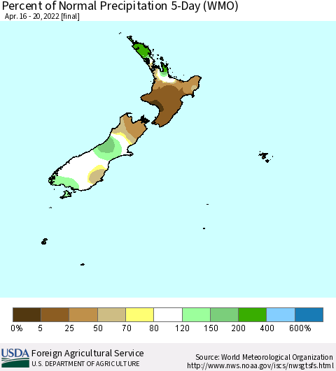 New Zealand Percent of Normal Precipitation 5-Day (WMO) Thematic Map For 4/16/2022 - 4/20/2022