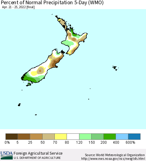 New Zealand Percent of Normal Precipitation 5-Day (WMO) Thematic Map For 4/21/2022 - 4/25/2022