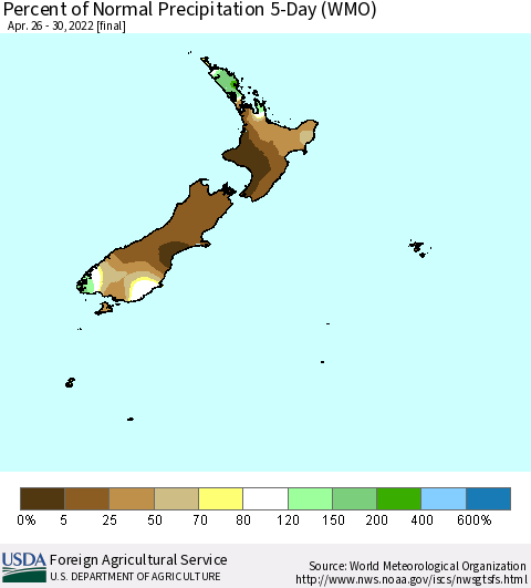 New Zealand Percent of Normal Precipitation 5-Day (WMO) Thematic Map For 4/26/2022 - 4/30/2022