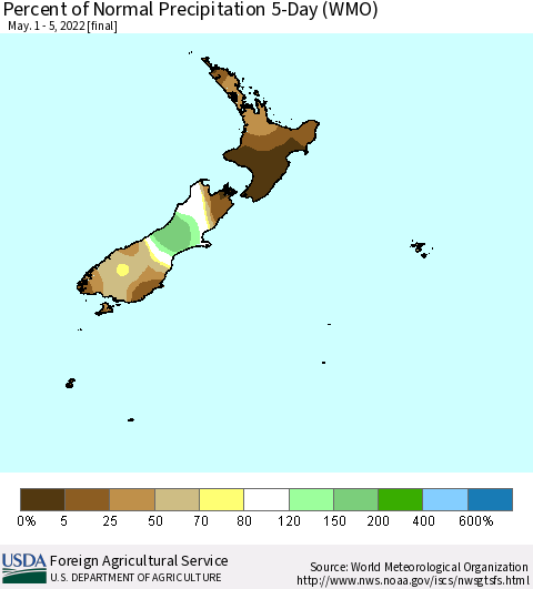 New Zealand Percent of Normal Precipitation 5-Day (WMO) Thematic Map For 5/1/2022 - 5/5/2022