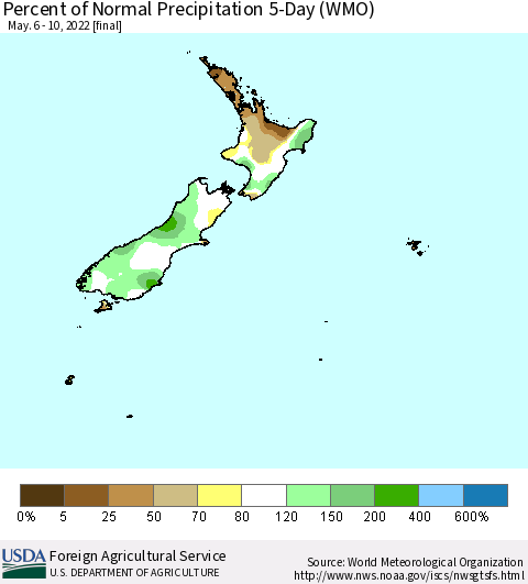 New Zealand Percent of Normal Precipitation 5-Day (WMO) Thematic Map For 5/6/2022 - 5/10/2022