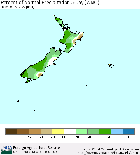 New Zealand Percent of Normal Precipitation 5-Day (WMO) Thematic Map For 5/16/2022 - 5/20/2022