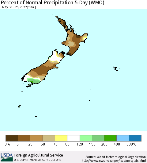 New Zealand Percent of Normal Precipitation 5-Day (WMO) Thematic Map For 5/21/2022 - 5/25/2022