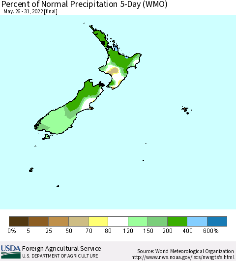 New Zealand Percent of Normal Precipitation 5-Day (WMO) Thematic Map For 5/26/2022 - 5/31/2022
