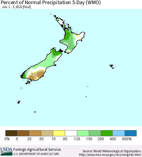 New Zealand Percent of Normal Precipitation 5-Day (WMO) Thematic Map For 6/1/2022 - 6/5/2022