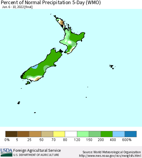 New Zealand Percent of Normal Precipitation 5-Day (WMO) Thematic Map For 6/6/2022 - 6/10/2022