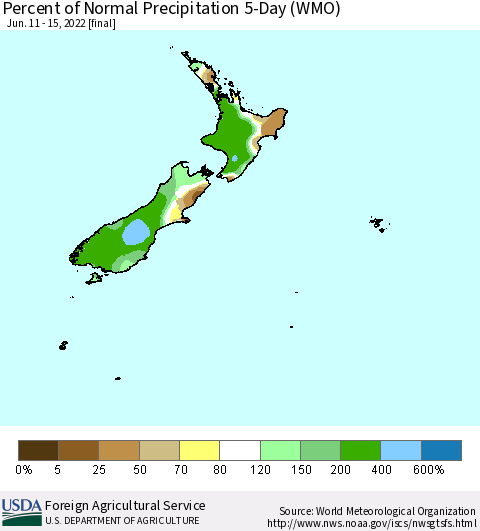 New Zealand Percent of Normal Precipitation 5-Day (WMO) Thematic Map For 6/11/2022 - 6/15/2022