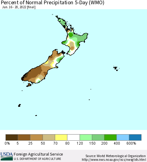 New Zealand Percent of Normal Precipitation 5-Day (WMO) Thematic Map For 6/16/2022 - 6/20/2022