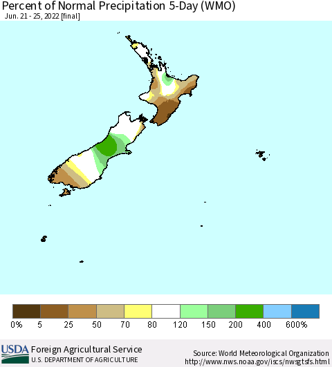 New Zealand Percent of Normal Precipitation 5-Day (WMO) Thematic Map For 6/21/2022 - 6/25/2022