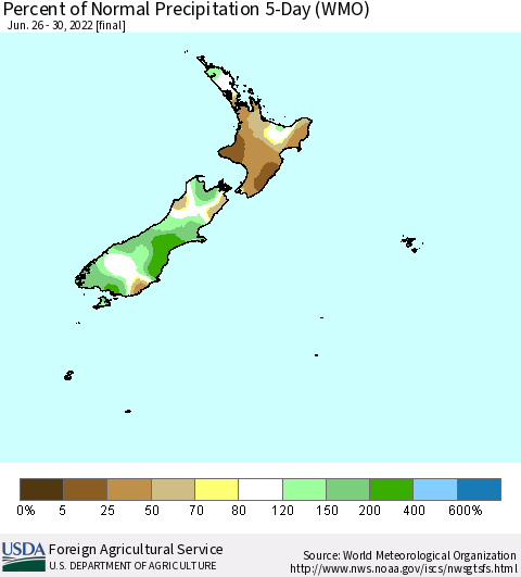 New Zealand Percent of Normal Precipitation 5-Day (WMO) Thematic Map For 6/26/2022 - 6/30/2022