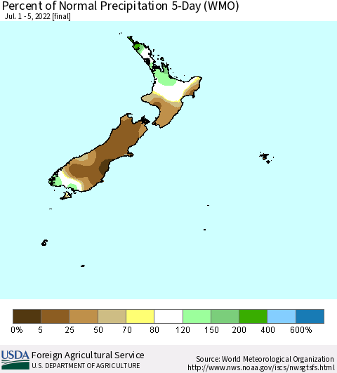 New Zealand Percent of Normal Precipitation 5-Day (WMO) Thematic Map For 7/1/2022 - 7/5/2022