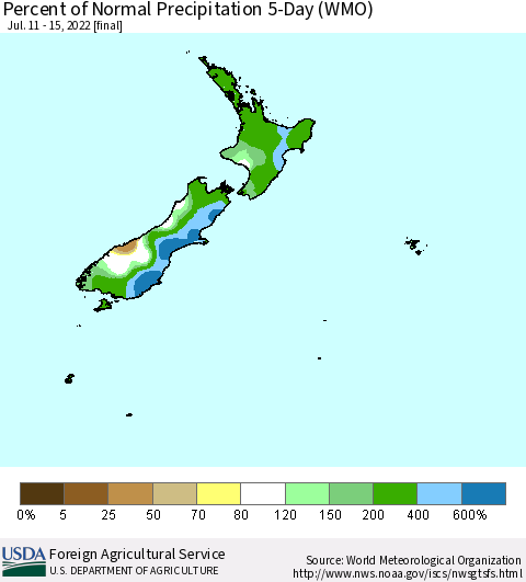 New Zealand Percent of Normal Precipitation 5-Day (WMO) Thematic Map For 7/11/2022 - 7/15/2022