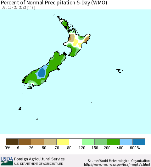 New Zealand Percent of Normal Precipitation 5-Day (WMO) Thematic Map For 7/16/2022 - 7/20/2022