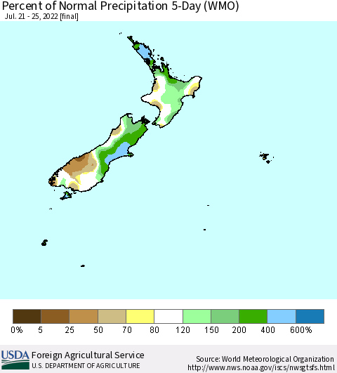 New Zealand Percent of Normal Precipitation 5-Day (WMO) Thematic Map For 7/21/2022 - 7/25/2022