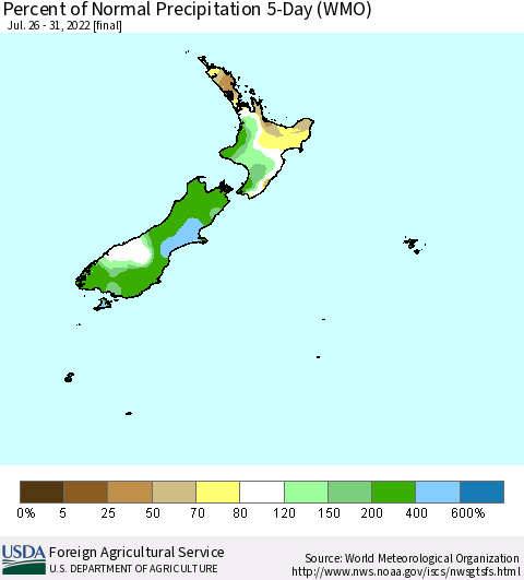 New Zealand Percent of Normal Precipitation 5-Day (WMO) Thematic Map For 7/26/2022 - 7/31/2022