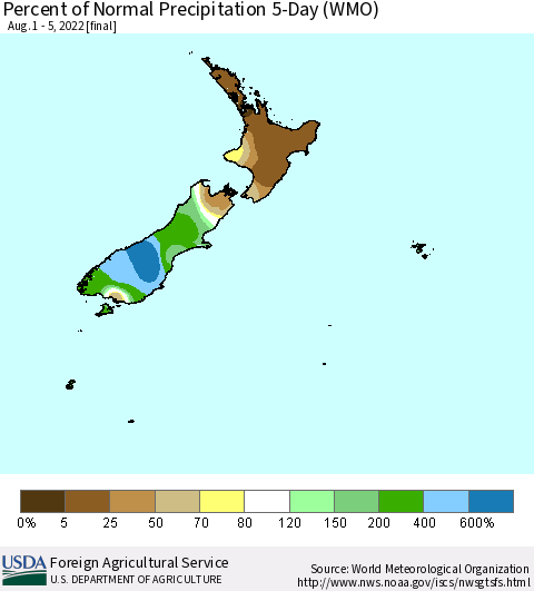 New Zealand Percent of Normal Precipitation 5-Day (WMO) Thematic Map For 8/1/2022 - 8/5/2022