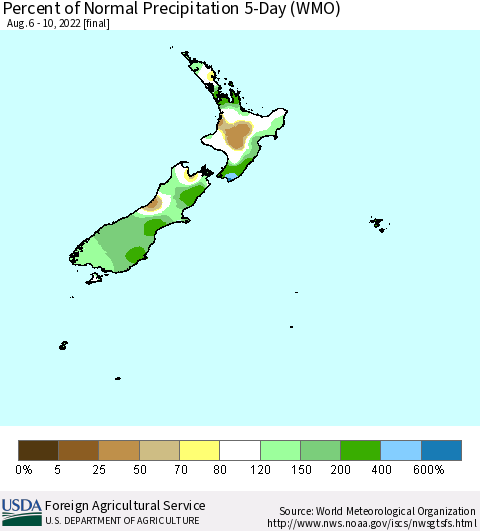 New Zealand Percent of Normal Precipitation 5-Day (WMO) Thematic Map For 8/6/2022 - 8/10/2022