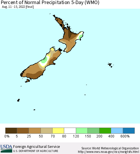 New Zealand Percent of Normal Precipitation 5-Day (WMO) Thematic Map For 8/11/2022 - 8/15/2022