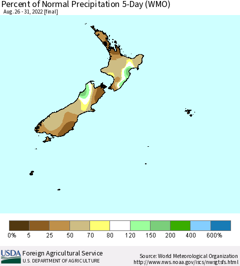 New Zealand Percent of Normal Precipitation 5-Day (WMO) Thematic Map For 8/26/2022 - 8/31/2022