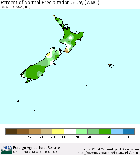 New Zealand Percent of Normal Precipitation 5-Day (WMO) Thematic Map For 9/1/2022 - 9/5/2022