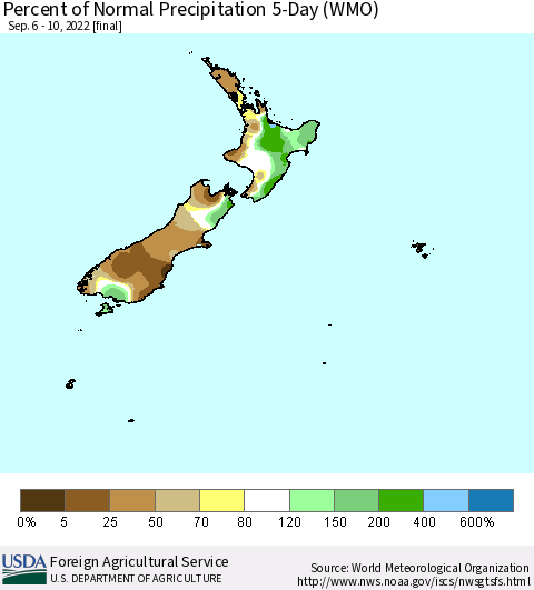 New Zealand Percent of Normal Precipitation 5-Day (WMO) Thematic Map For 9/6/2022 - 9/10/2022