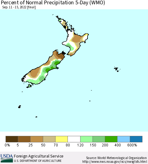 New Zealand Percent of Normal Precipitation 5-Day (WMO) Thematic Map For 9/11/2022 - 9/15/2022