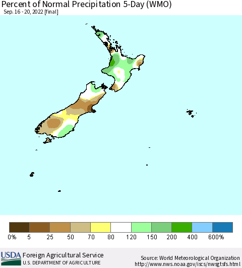 New Zealand Percent of Normal Precipitation 5-Day (WMO) Thematic Map For 9/16/2022 - 9/20/2022