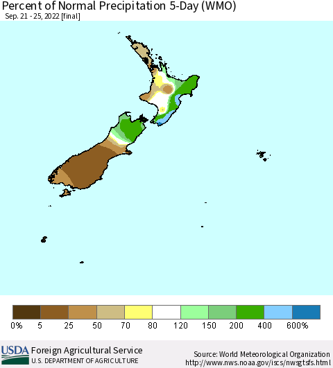 New Zealand Percent of Normal Precipitation 5-Day (WMO) Thematic Map For 9/21/2022 - 9/25/2022