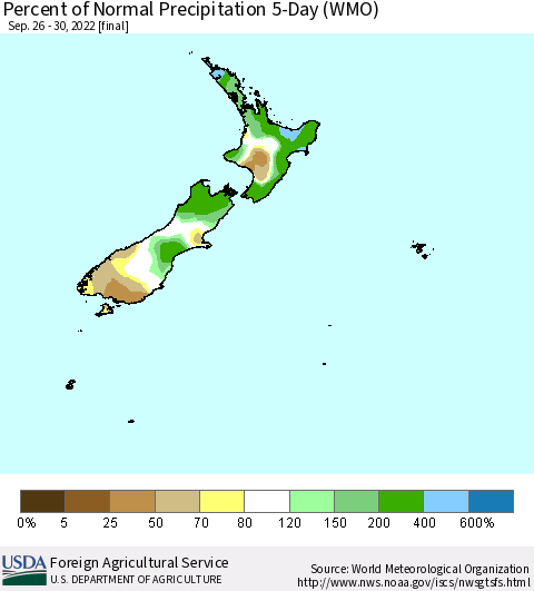 New Zealand Percent of Normal Precipitation 5-Day (WMO) Thematic Map For 9/26/2022 - 9/30/2022