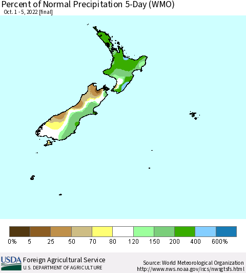 New Zealand Percent of Normal Precipitation 5-Day (WMO) Thematic Map For 10/1/2022 - 10/5/2022