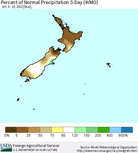 New Zealand Percent of Normal Precipitation 5-Day (WMO) Thematic Map For 10/6/2022 - 10/10/2022