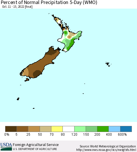 New Zealand Percent of Normal Precipitation 5-Day (WMO) Thematic Map For 10/11/2022 - 10/15/2022