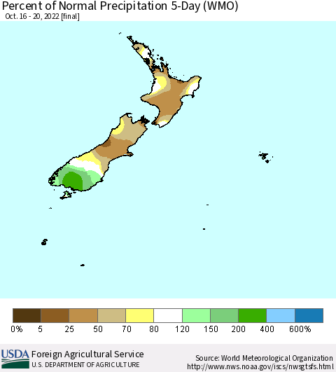 New Zealand Percent of Normal Precipitation 5-Day (WMO) Thematic Map For 10/16/2022 - 10/20/2022