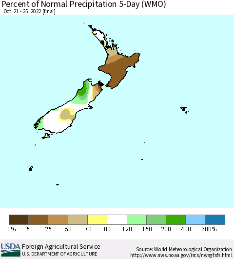 New Zealand Percent of Normal Precipitation 5-Day (WMO) Thematic Map For 10/21/2022 - 10/25/2022