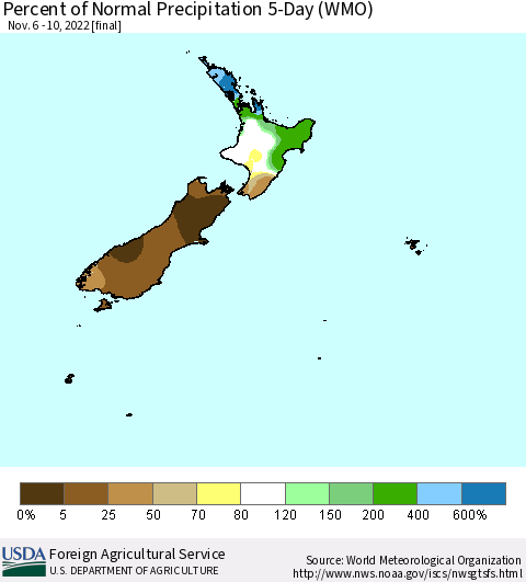 New Zealand Percent of Normal Precipitation 5-Day (WMO) Thematic Map For 11/6/2022 - 11/10/2022