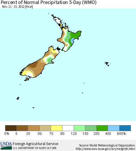 New Zealand Percent of Normal Precipitation 5-Day (WMO) Thematic Map For 11/11/2022 - 11/15/2022