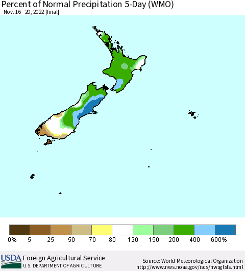 New Zealand Percent of Normal Precipitation 5-Day (WMO) Thematic Map For 11/16/2022 - 11/20/2022