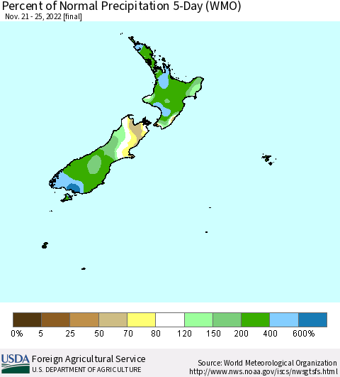New Zealand Percent of Normal Precipitation 5-Day (WMO) Thematic Map For 11/21/2022 - 11/25/2022