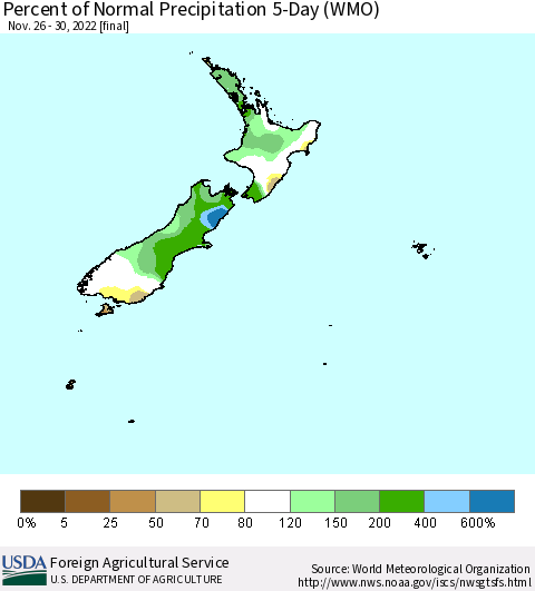 New Zealand Percent of Normal Precipitation 5-Day (WMO) Thematic Map For 11/26/2022 - 11/30/2022