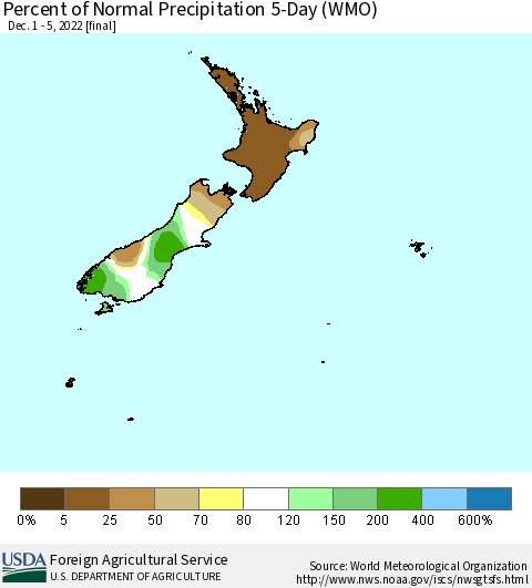 New Zealand Percent of Normal Precipitation 5-Day (WMO) Thematic Map For 12/1/2022 - 12/5/2022
