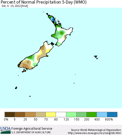 New Zealand Percent of Normal Precipitation 5-Day (WMO) Thematic Map For 12/6/2022 - 12/10/2022