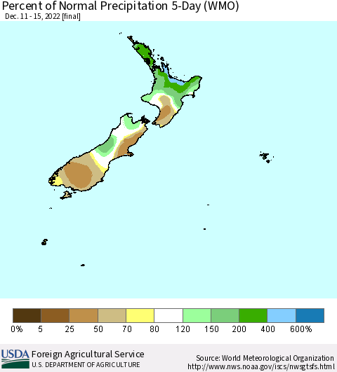 New Zealand Percent of Normal Precipitation 5-Day (WMO) Thematic Map For 12/11/2022 - 12/15/2022