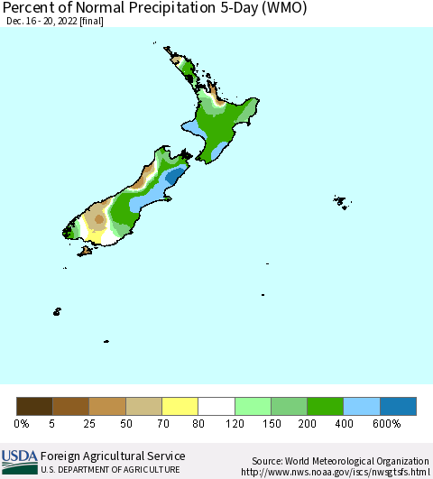 New Zealand Percent of Normal Precipitation 5-Day (WMO) Thematic Map For 12/16/2022 - 12/20/2022