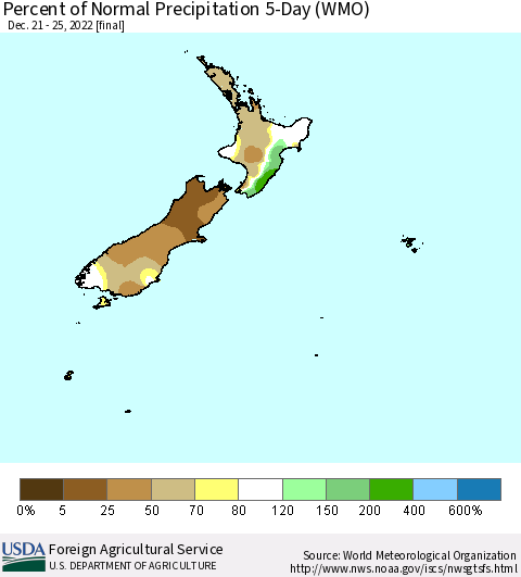 New Zealand Percent of Normal Precipitation 5-Day (WMO) Thematic Map For 12/21/2022 - 12/25/2022