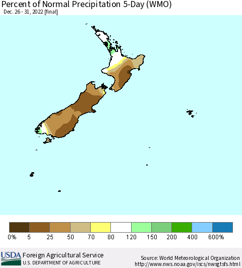 New Zealand Percent of Normal Precipitation 5-Day (WMO) Thematic Map For 12/26/2022 - 12/31/2022