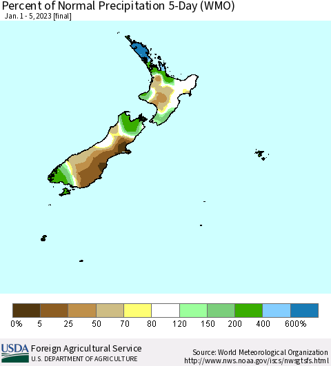 New Zealand Percent of Normal Precipitation 5-Day (WMO) Thematic Map For 1/1/2023 - 1/5/2023